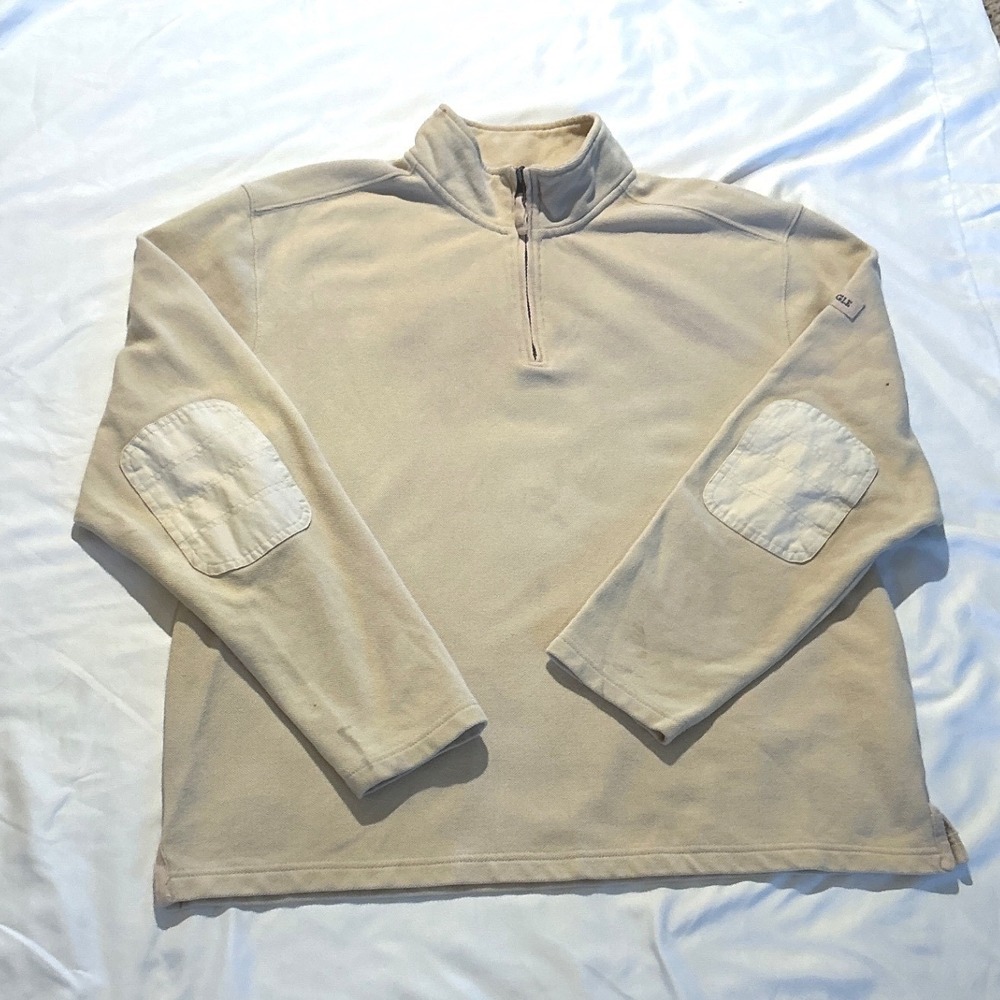 Aigle Mens Quarter Zip Pullover Waffle Knit Sweatshirt Beige Elbow Patches L